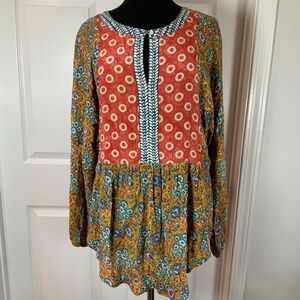 Anthropologie Tolani 100% Silk Patchwork Boho Tunic Top Size Medium